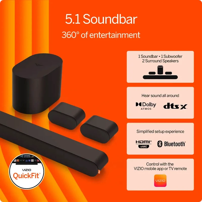 5.1 Channel Soundbar with Wireless Subwoofer and Speakers