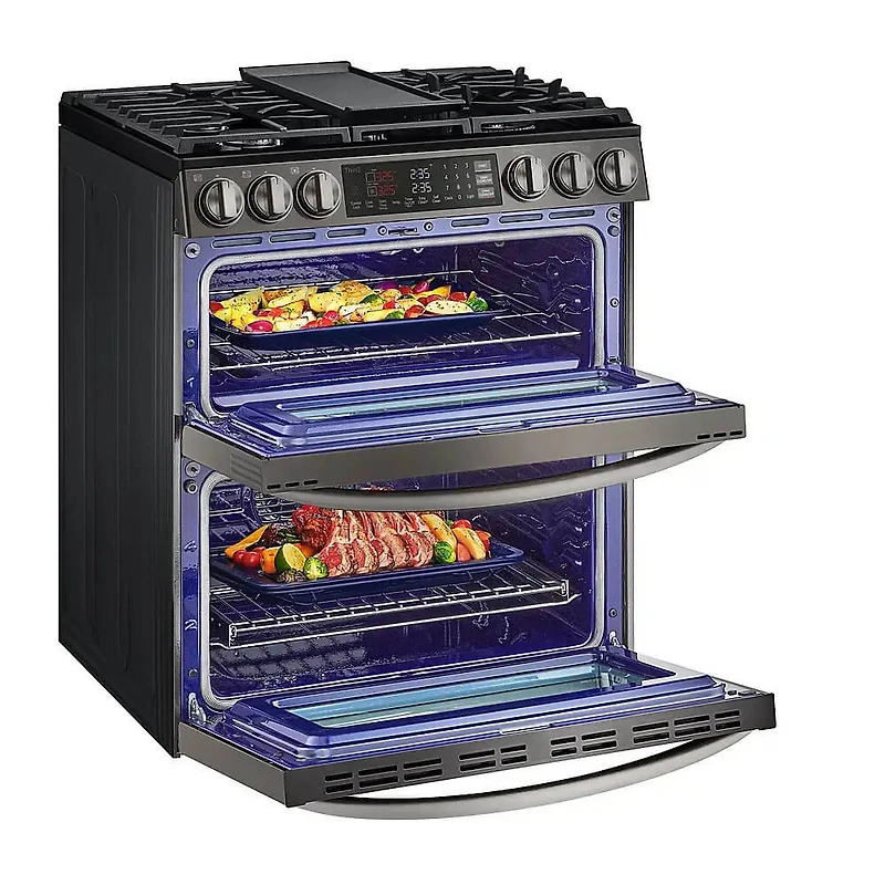 5.9 Cu. Ft. Black Stainless Slide-In Double Oven Gas Range