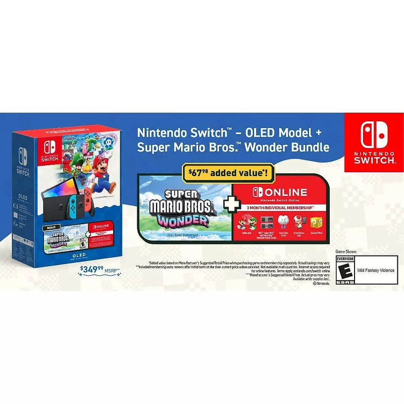 Switch OLED Console and Super Mario Bros Wonder Bundle with Online