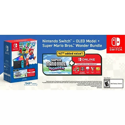 Switch OLED Console and Super Mario Bros Wonder Bundle with Online