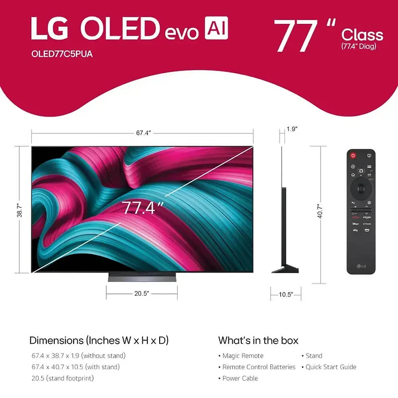  OLED evo AI 4K Smart TV w/A9 Gen8, 144Hz, Dolby Vision/Atmos, HDR10, AI Upscaling, Alexa + UAX 4K HDMI Cable + CPS 24-Mo Protection + Streaming Bundle (OLED77C5PUA, 2025)