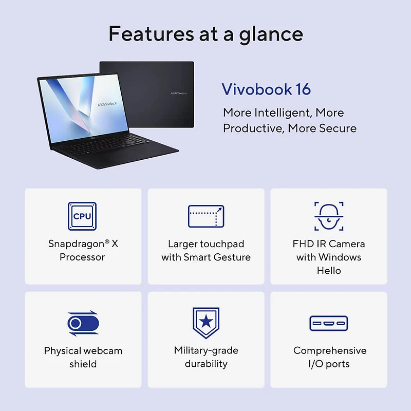 16 inch Vivobook 16 Copilot+ PC Laptop - Snapdragon X X1 26 100 - 16GB/512GB SSD - Quiet Blue