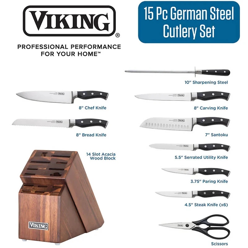 15-Piece Stainless Cutlery Set with Acacia Wood Block - Black