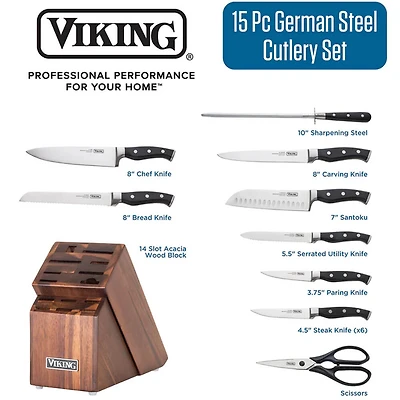 15-Piece Stainless Cutlery Set with Acacia Wood Block - Black