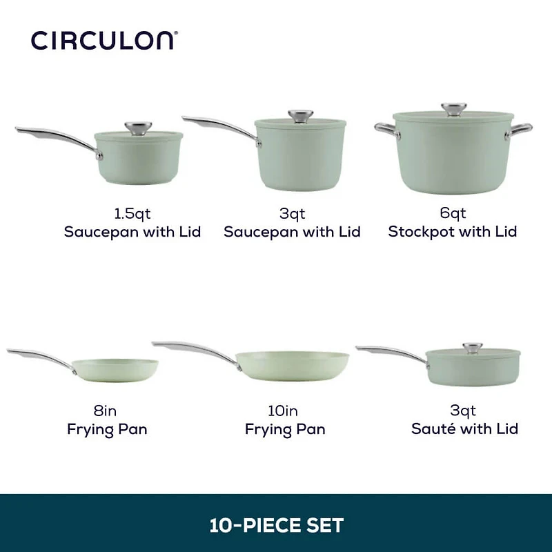 10-Pc. Ceramic Nonstick Cookware Set with Halo LaserDefense - Sage Green - OPEN BOX