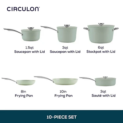 10-Pc. Ceramic Nonstick Cookware Set with Halo LaserDefense - Sage Green - OPEN BOX