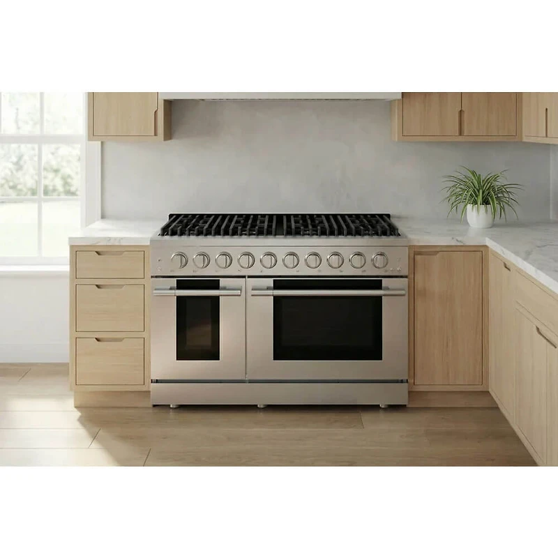 6.7 Cu. Ft. Stainless and Satin Brass Freestanding Double Oven Duel Fuel Convection Range