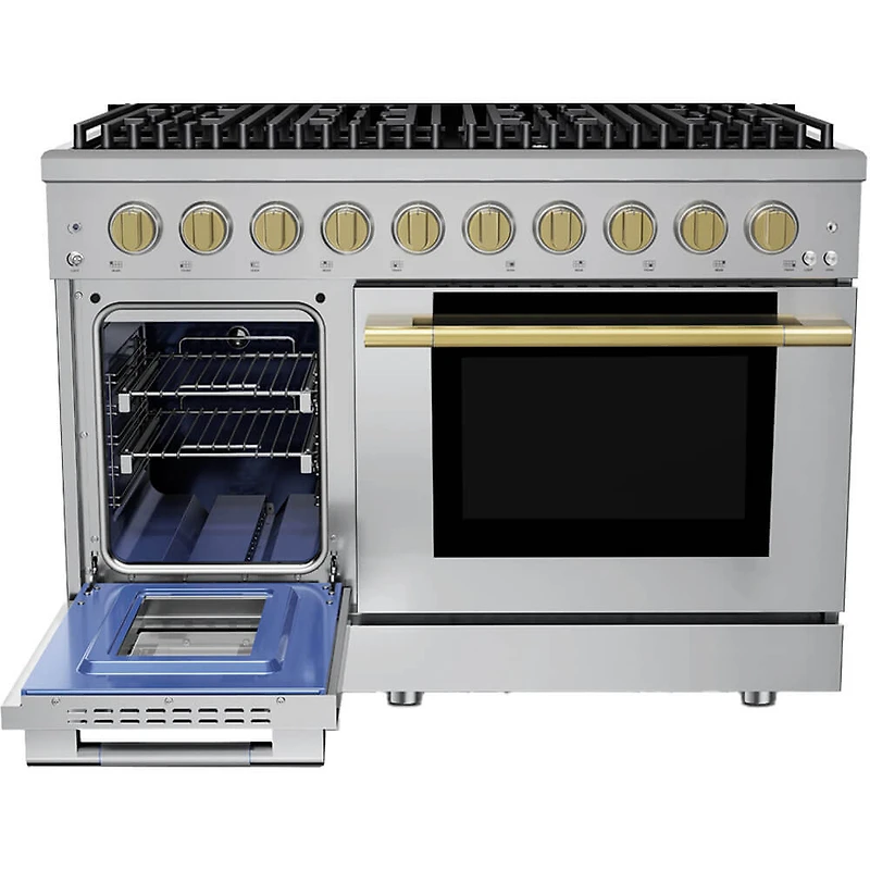 6.7 Cu. Ft. Stainless and Satin Brass Freestanding Double Oven Duel Fuel Convection Range