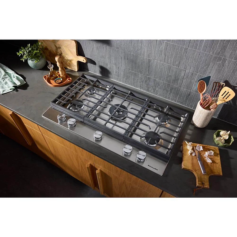 36 inch Stainless 5 Burner Gas Cooktop with Integrated Wok Grate