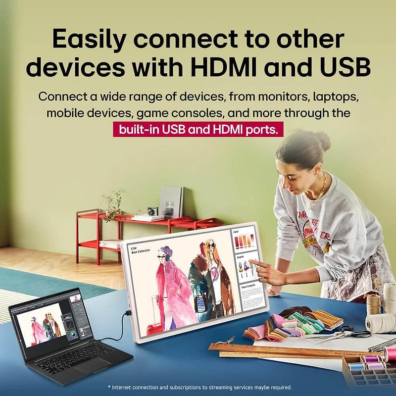 27 inch StanbyME 2 QHD Portable Touchscreen Smart TV Built in Battery Wireless Display WebOS WiFi Bluetooth Mobile Screen HDMI Cable Streaming Bundle 12 Month CPS Protection Plan