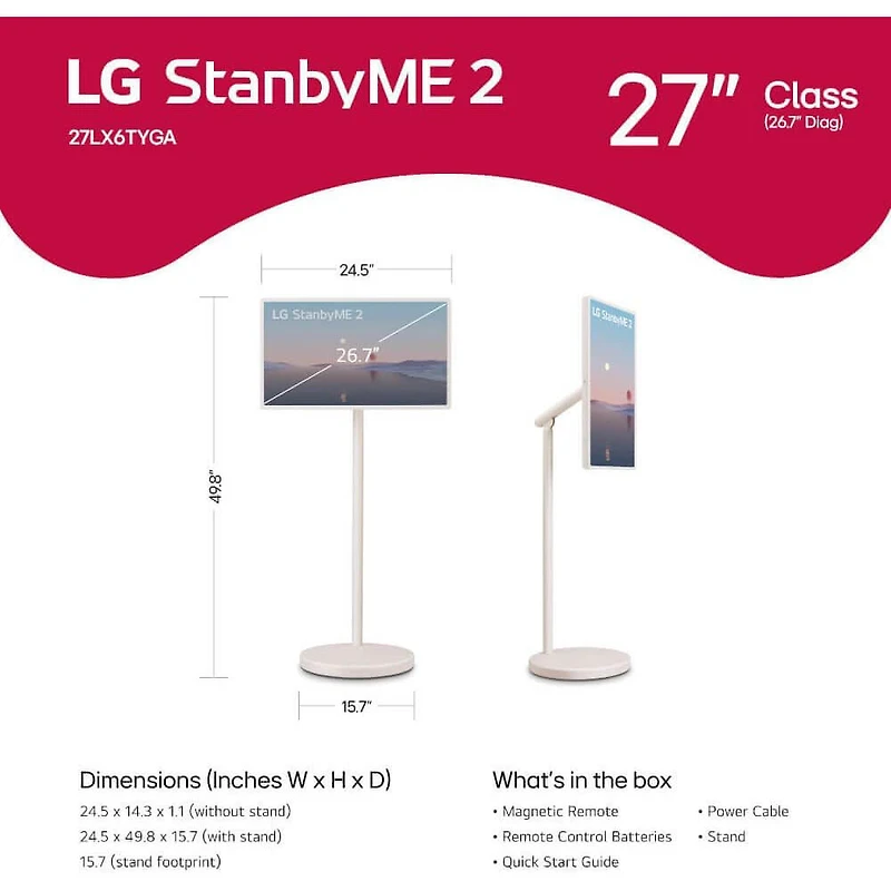 27 inch StanbyME 2 QHD Portable Touchscreen Smart TV Built in Battery Wireless Display WebOS WiFi Bluetooth Mobile Screen HDMI Cable Streaming Bundle 12 Month CPS Protection Plan