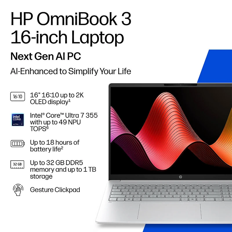 16 inch 2K - Omnibook 3 Laptop - Intel Core Ultra 7 255U - Intel Graphics - 16GB RAM - 512GB SSD - Windows 11 Home