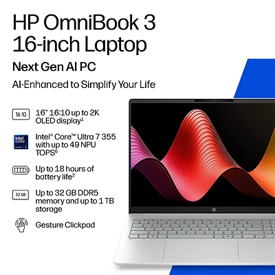 16 inch 2K - Omnibook 3 Laptop - Intel Core Ultra 7 255U - Intel Graphics - 16GB RAM - 512GB SSD - Windows 11 Home