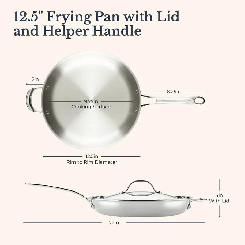 12.5 inch EverLast Frying Pan with Lid and Helper Handle - Stainless