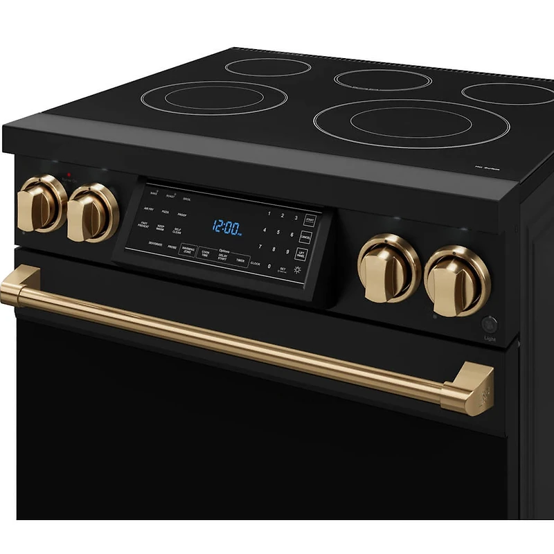 4.55 Cu. Ft. Matte Black Gordon Ramsay Collection Slide-In Electric Convection Range with Brushed Bronze Knobs and Handle 