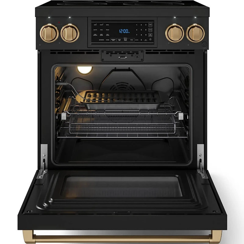 4.55 Cu. Ft. Matte Black Gordon Ramsay Collection Slide-In Electric Convection Range with Brushed Bronze Knobs and Handle 