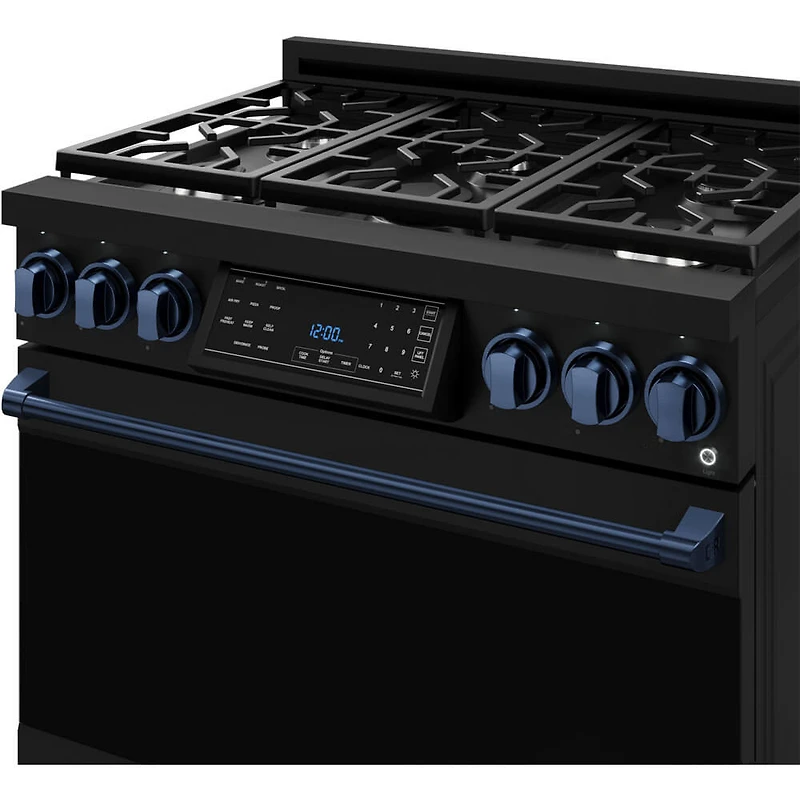 6.0 Cu. Ft. Matte Black Gordon Ramsay Collection Slide-In Gas Range with Navy Blue Knobs and Handle