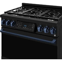6.0 Cu. Ft. Matte Black Gordon Ramsay Collection Slide-In Gas Range with Navy Blue Knobs and Handle