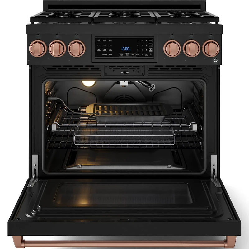 6.0 Cu. Ft. Matte Black Gordon Ramsay Collection Slide-In Gas Range with Rose Gold Knobs and Handle