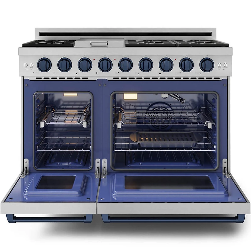6.8 Cu. Ft. Stainless Gordon Ramsay Collection Slide-In Double Oven Liquid Propane Range with Navy Blue Knobs and Handle