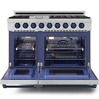 6.8 Cu. Ft. Stainless Gordon Ramsay Collection Slide-In Double Oven Liquid Propane Range with Navy Blue Knobs and Handle 