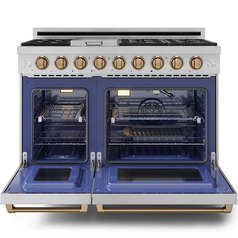 6.8 Cu. Ft. Stainless Gordon Ramsay Collection Slide-In Double Oven Liquid Propane Range with Brushed Bronze Knobs and Handle