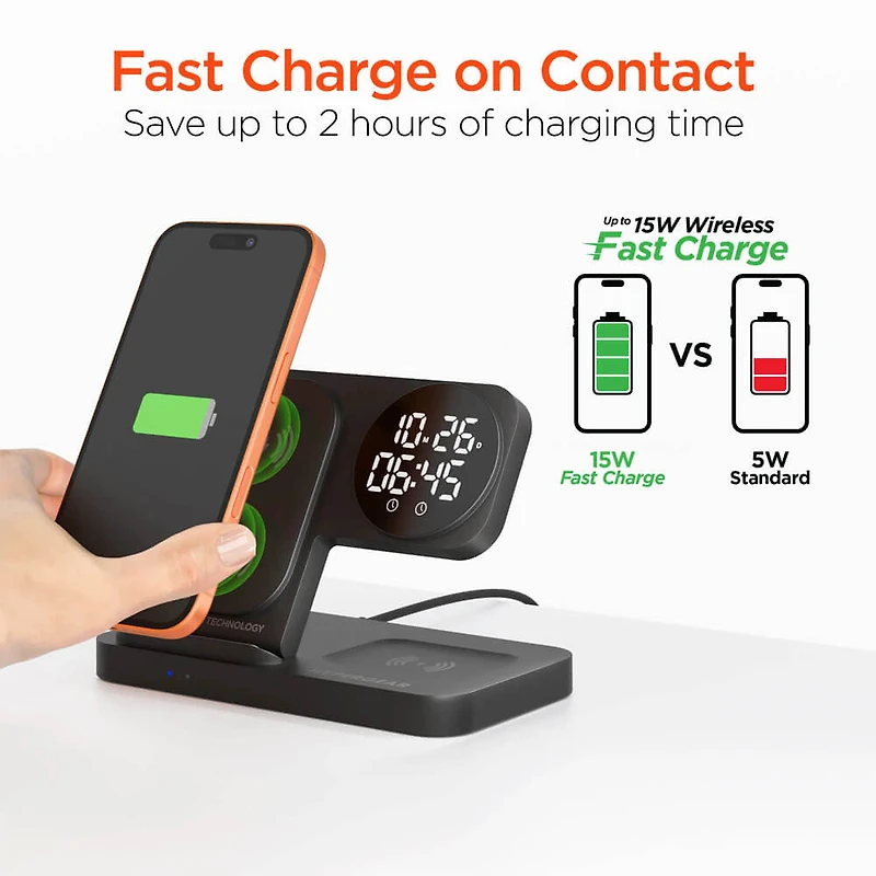 PowerFold 24/7 3-in-1 Wireless Charging Stand with Digital Alarm Clock