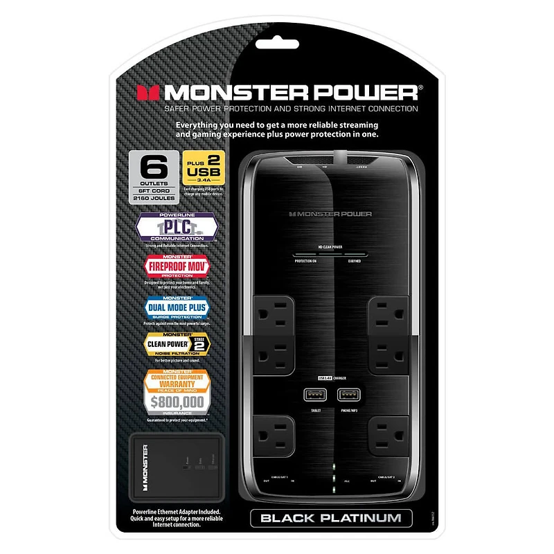 Power Platinum 600 6-Outlet Surge Protector - Black - OPEN BOX