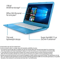 Stream 14 inch Celeron N3060, 4GB RAM, 32GB eMMC HD, Windows 10 Laptop - Aqua Blue