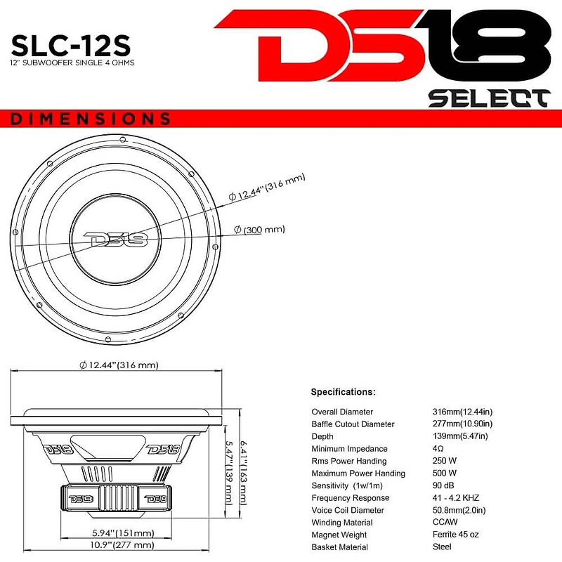 SELECT 12 inch Subwoofer 500 Watts Svc 4-Ohm