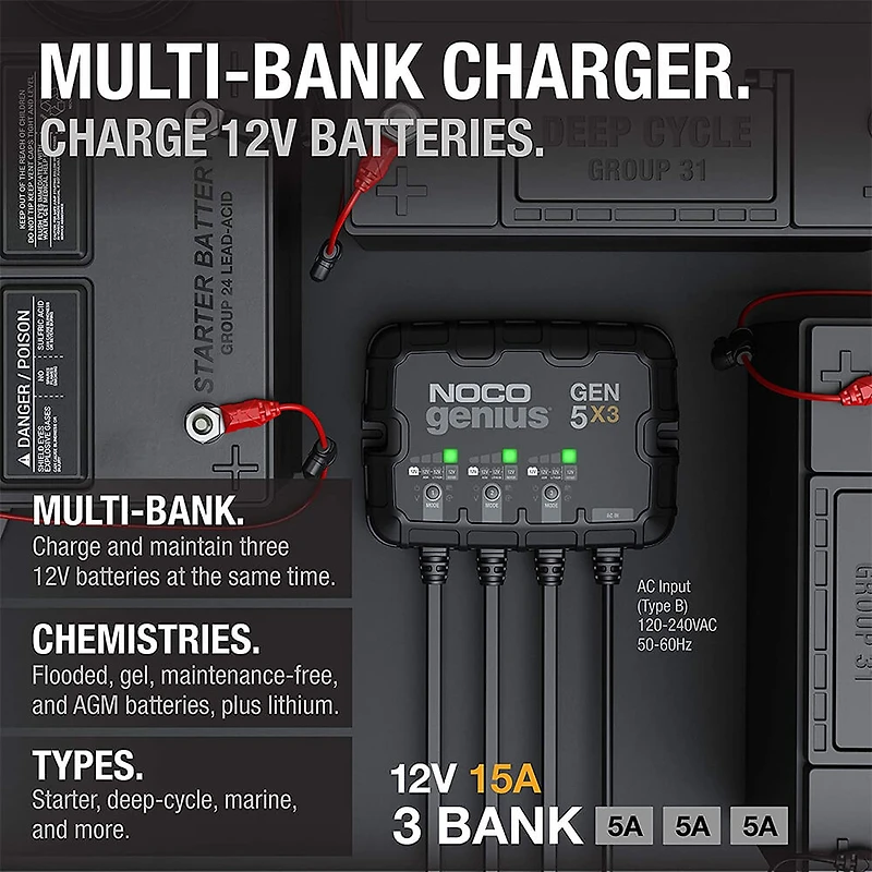 12V 3-Bank, 15-Amp On-Board Battery Charger