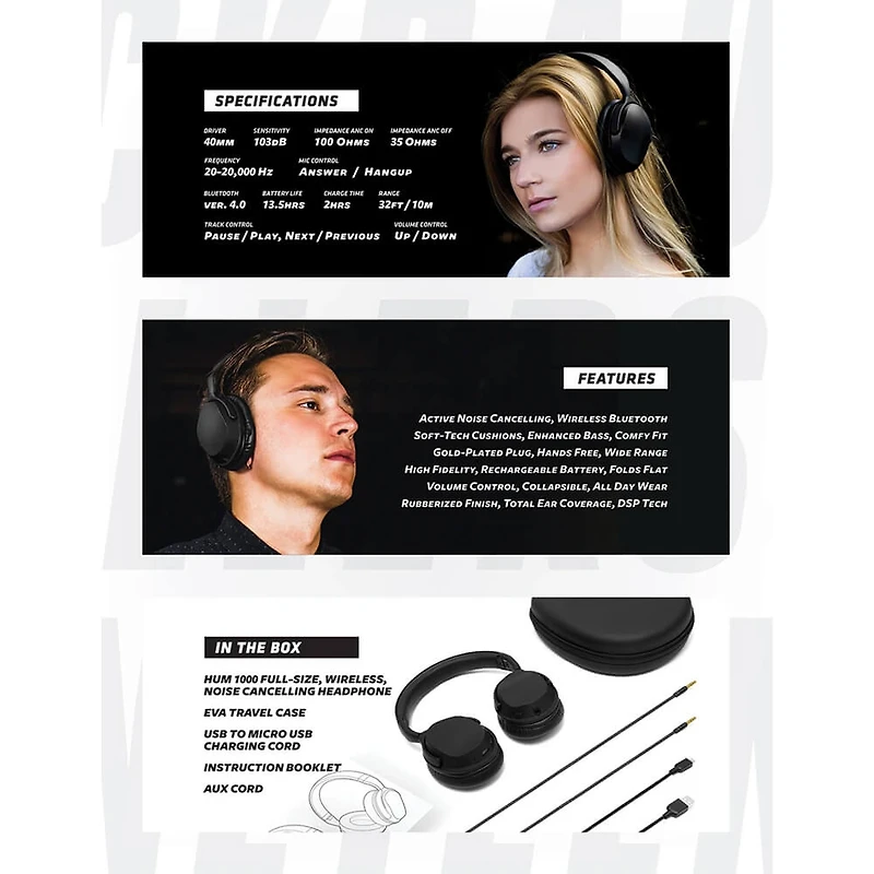 Hum 1000 Wireless Active Noise Cancelling Headphones - OPEN BOX