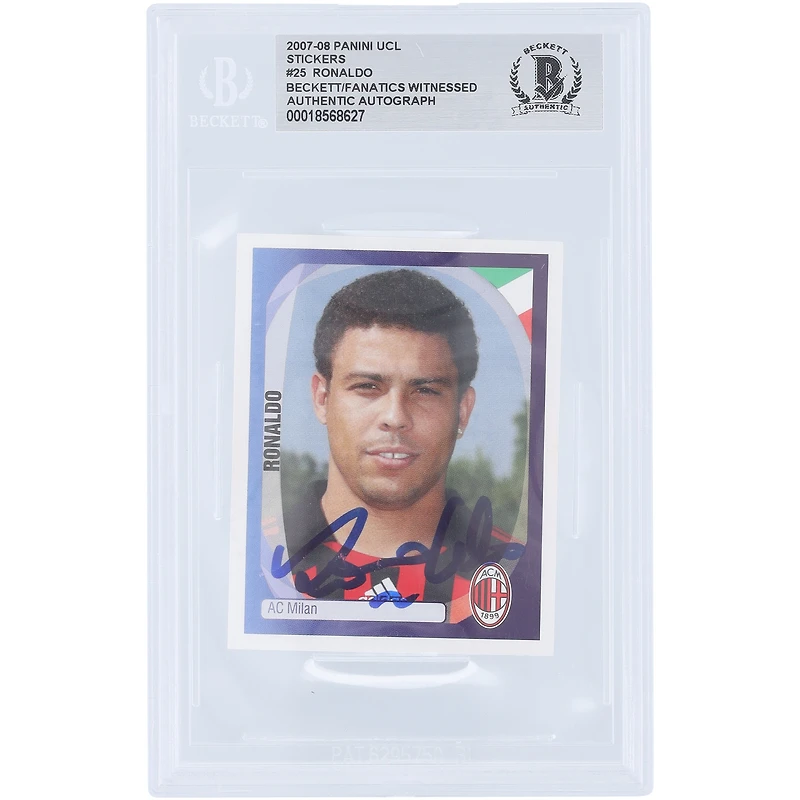 Ronaldo AC Milan Autographed 2007-08 Panini UEFA Champions League Sticker #25 Beckett Fanatics Witnessed Authenticated Card