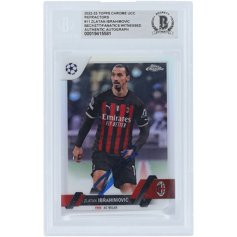 Carte authentifiée par Beckett Fanatics Witnessed, Zlatan Ibrahimovic, AC Milan 2022-23 Topps Chrome UEFA Refractor n° 11