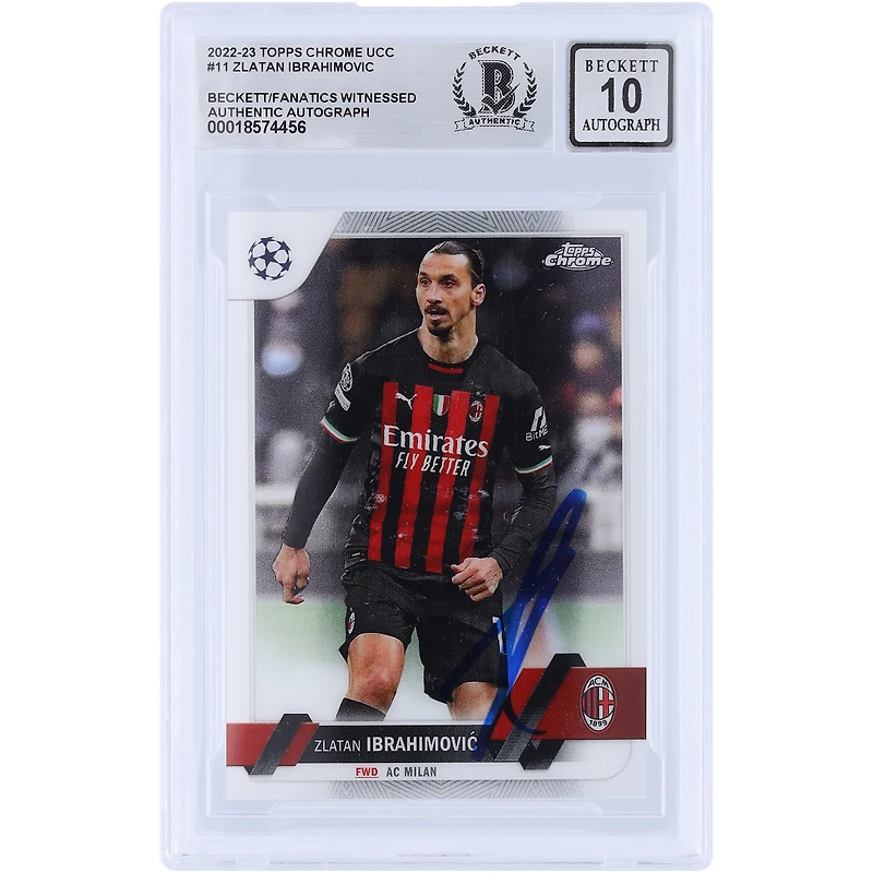 Carte autographiée Topps Chrome UEFA n° 11 Beckett 2022-23 de l'AC Milan par Zlatan Ibrahimovic, vue par les fans de Beckett. Carte Auto 10 authentifiée.
