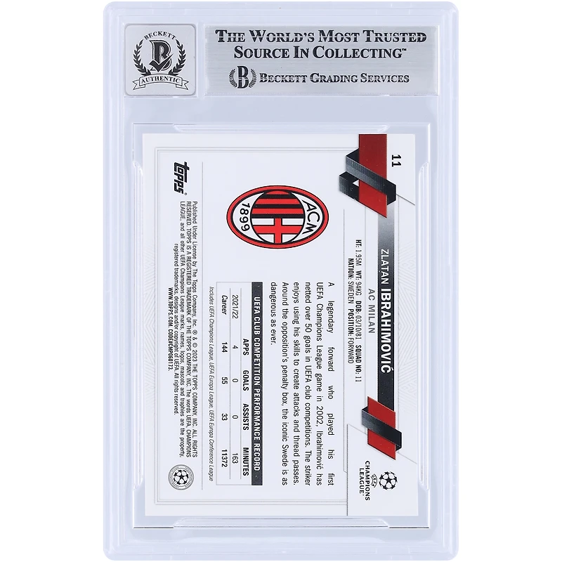 Carte autographiée Topps Chrome UEFA n° 11 Beckett 2022-23 de l'AC Milan par Zlatan Ibrahimovic, vue par les fans de Beckett. Carte Auto 10 authentifiée.