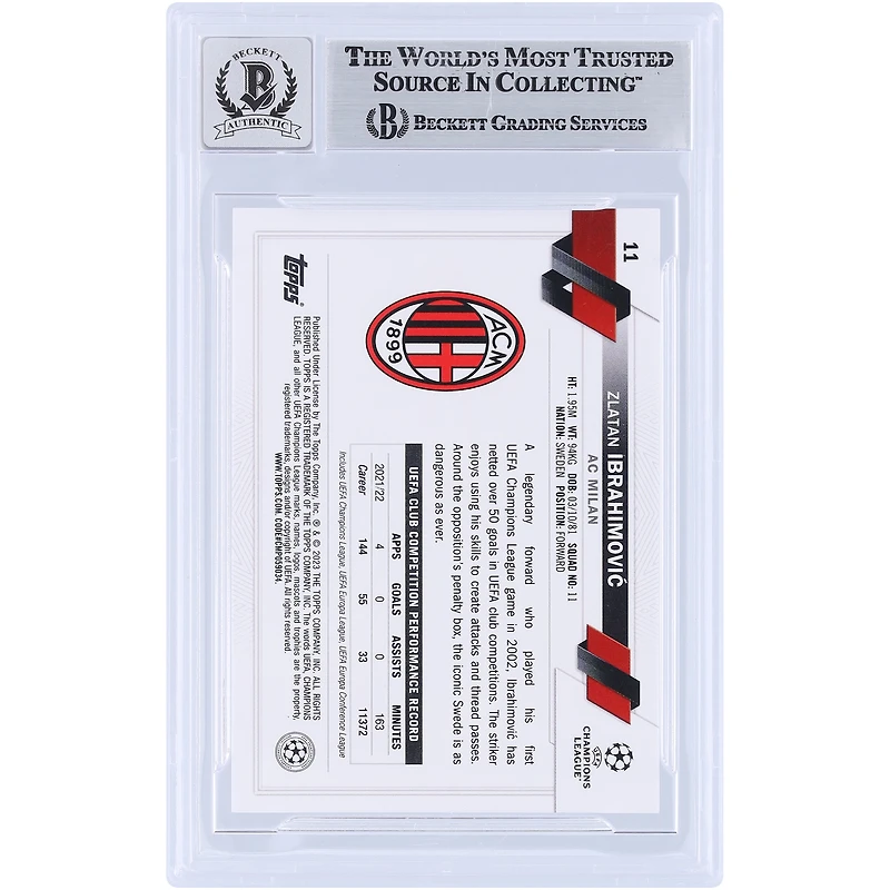 Carte autographiée 2022-23 Topps UEFA # 11 Beckett par Zlatan Ibrahimovic de l'AC Milan, carte Auto 10 authentifiée vue par les fanatiques