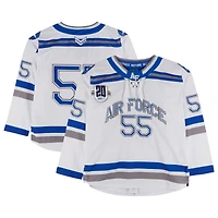 Maillot blanc et bleu numéro 55 des Falcons de l'Air Force avec patch du 20e anniversaire de l'Atlantic Hockey du programme de hockey