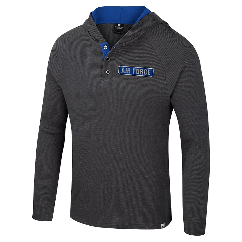 T-shirt à capuche manches longues Henley pour homme Colosseum Charcoal Air Force Falcons Dujour Ralgan