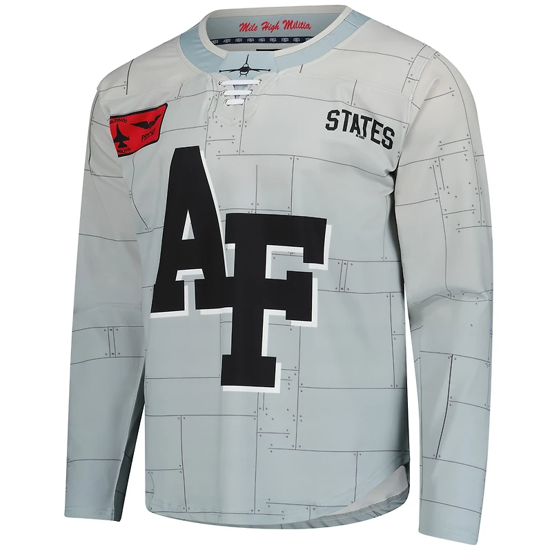 Maillot réplique de hockey des Falcons l'Air Force grise pour homme, avec logo APLS Tail Flash.