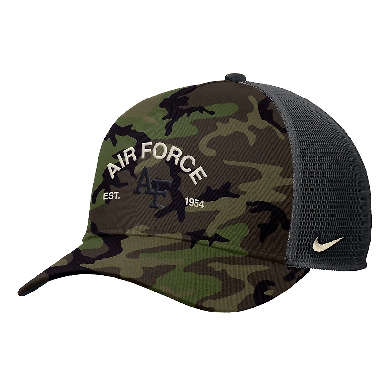 Men's Nike Camo Air Force Falcons 2025 Military Appreciation Rise Adjustable Trucker Hat