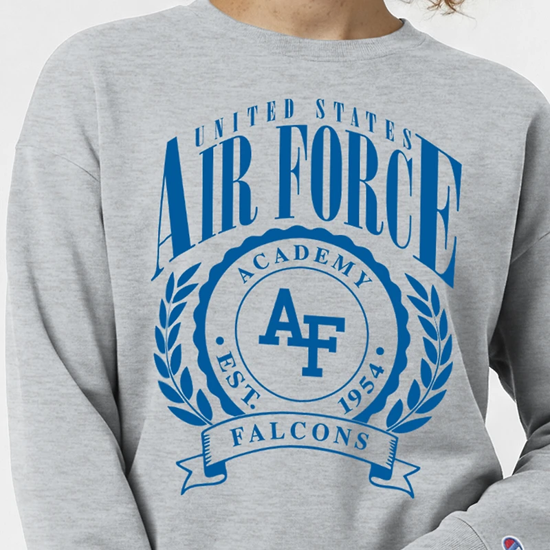 Women's Champion Heather Gray Air Force Falcons Academic Crest Powerblend Crewneck Sweatshirt