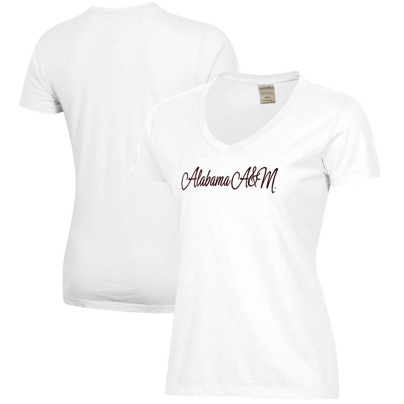 Women's  White Alabama A&M Bulldogs Script Logo Comfort Wash V-Neck T-Shirt