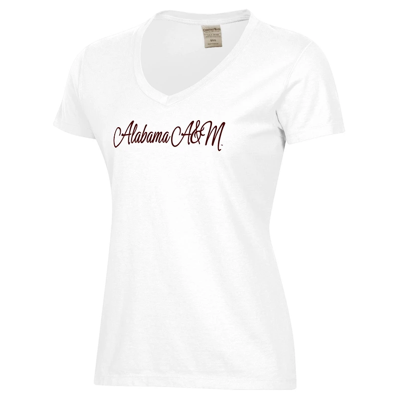 T-shirt col V blanc délavé pour femme avec logo Script des Bulldogs de l'Alabama A&M