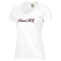 T-shirt col V blanc délavé pour femme avec logo Script des Bulldogs de l'Alabama A&M