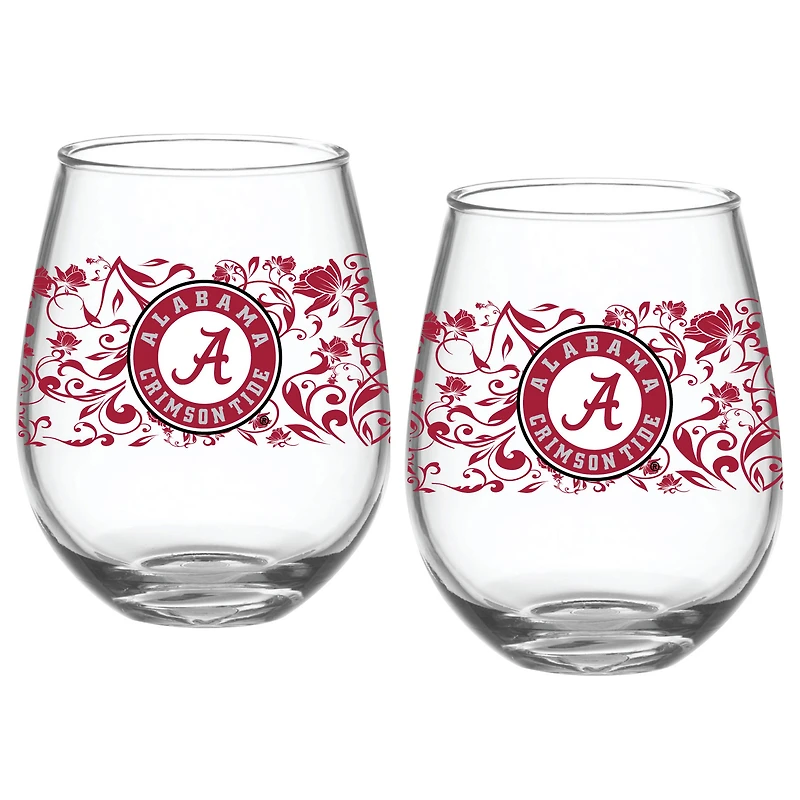 Alabama Crimson Tide, paquet de deux, 15 oz. Ensemble de verres floraux sans pied