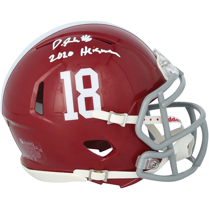 Casque Riddell Speed ​​Mini autographié par DeVonta Smith de l'Alabama Crimson Tide avec inscription « 2020 Heisman »