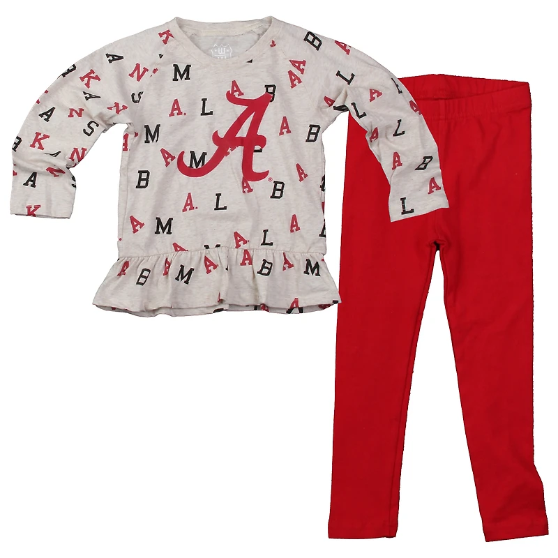 Girls Toddler Wes & Willy Oatmeal Alabama Crimson Tide Ruffle Raglan Long Sleeve T-Shirt Leggings Set