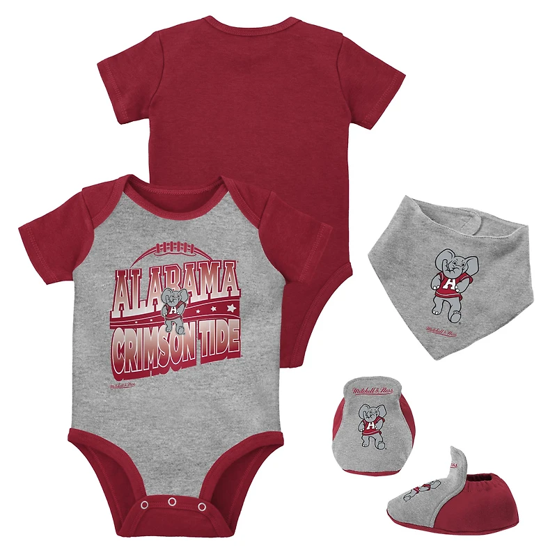 Ensemble de 3 bodys, bavoirs et chaussons Mitchell & Ness Crimson/Heather Grey Alabama Crimson Tide pour bébé