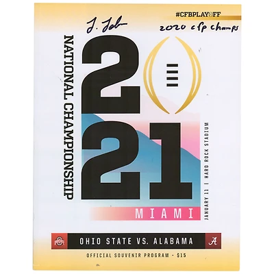 Programme de match du championnat national 2021 autographié par Josh Jobe de l'Alabama Crimson Tide avec l'inscription « 2020 CFP Champs »